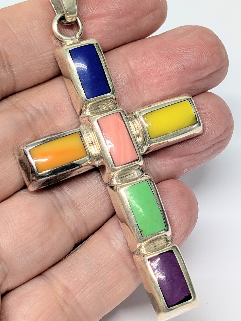 925 Mexico Sterling Silver Gemstone Inlay Cross Pendant Necklace 3 Inch Tall